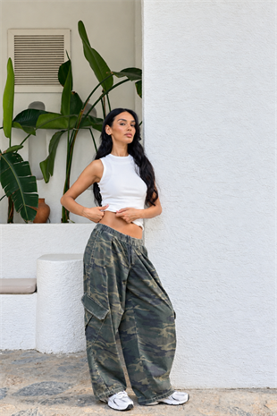 Yeşil Kamuflaj Kargo Cepli Baggy Unisex Pantolon