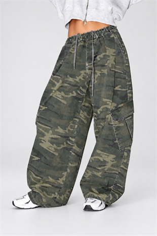 Yeşil Kamuflaj Kargo Cepli Baggy Unisex Pantolon