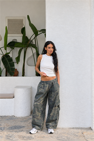 Yeşil Kamuflaj Kargo Cepli Baggy Unisex Pantolon