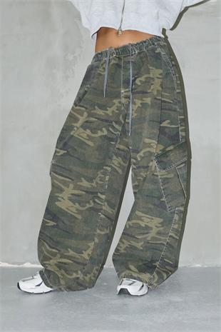 Yeşil Kamuflaj Kargo Cepli Baggy Unisex Pantolon