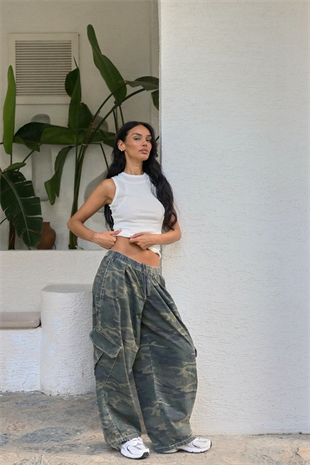 Yeşil Kamuflaj Kargo Cepli Baggy Unisex Pantolon
