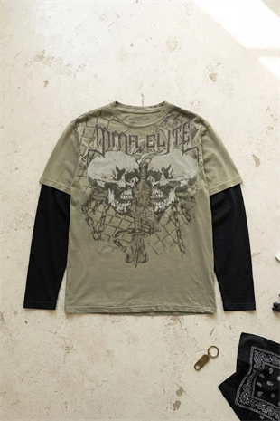 Yeşil MMA ClITE Skull Gotik Siyah Kollu Unisex Sweatshirt