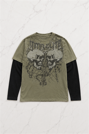 Yeşil MMA ClITE Skull Gotik Siyah Kollu Unisex Sweatshirt