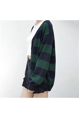 Yeşil Siyah Çizgili Triko Unisex Oversize Hırka