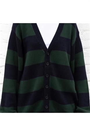Yeşil Siyah Çizgili Triko Unisex Oversize Hırka
