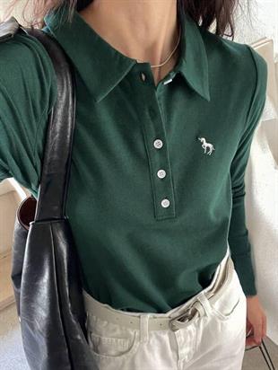 Yeşil Tek Boynuzlu At Baskılı Polo Yaka Düğmeli Uzun Kol Tshirt
