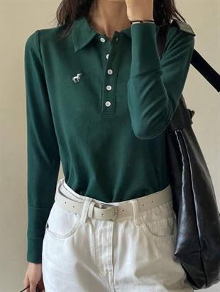 Yeşil Tek Boynuzlu At Baskılı Polo Yaka Düğmeli Uzun Kol Tshirt