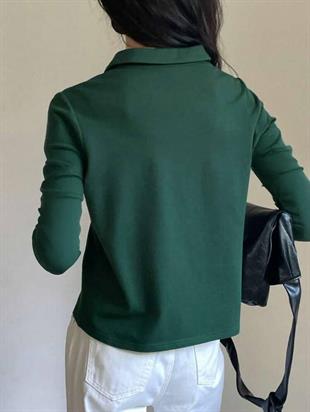 Yeşil Tek Boynuzlu At Baskılı Polo Yaka Düğmeli Uzun Kol Tshirt