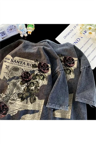 Yıkamalı Streetwear Rose Baskılı Unisex Oversize Vintage T-shirt