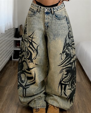 Yıkamalı Tint Dragon Detail Baggy Unisex Jean