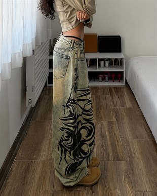 Yıkamalı Tint Dragon Detail Baggy Unisex Jean