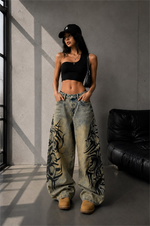 Yıkamalı Tint Dragon Detail Baggy Unisex Jean