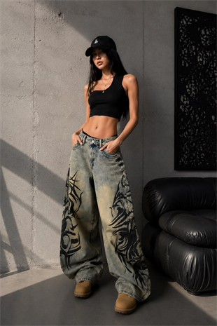 Yıkamalı Tint Dragon Detail Baggy Unisex Jean