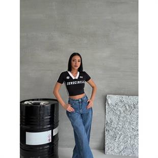 Zerocircle Y2K Baskılı Baskılı V Yaka Siyah Crop T-Shirt