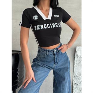 Zerocircle Y2K Baskılı Baskılı V Yaka Siyah Crop T-Shirt