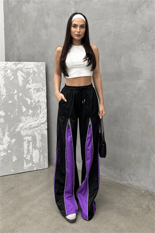 Zipper Detail Siyah Mor Unisex Oversize Eşofman
