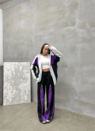 Zipper Detail Siyah Mor Unisex Oversize Eşofman