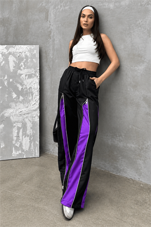 Zipper Detail Siyah Mor Unisex Oversize Eşofman