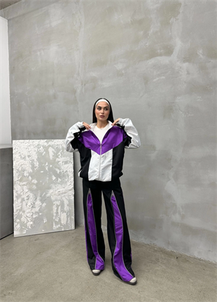 Zipper Detail Siyah Mor Unisex Oversize Eşofman