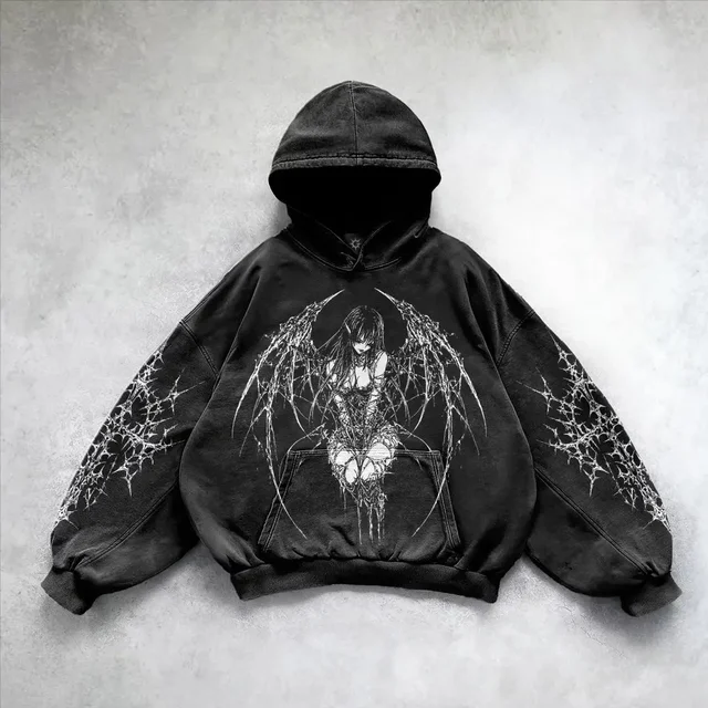  Siyah Devil Winged Girl Gothic Kapüşonlu Sweatshirt