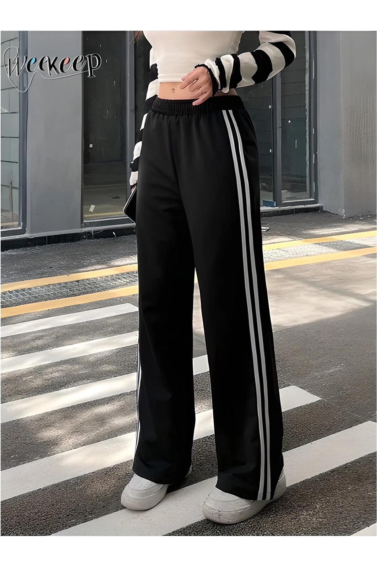  Siyah Renk Çift Şeritli Oversize Bol Paça Unisex Gothic Eşofman Altı