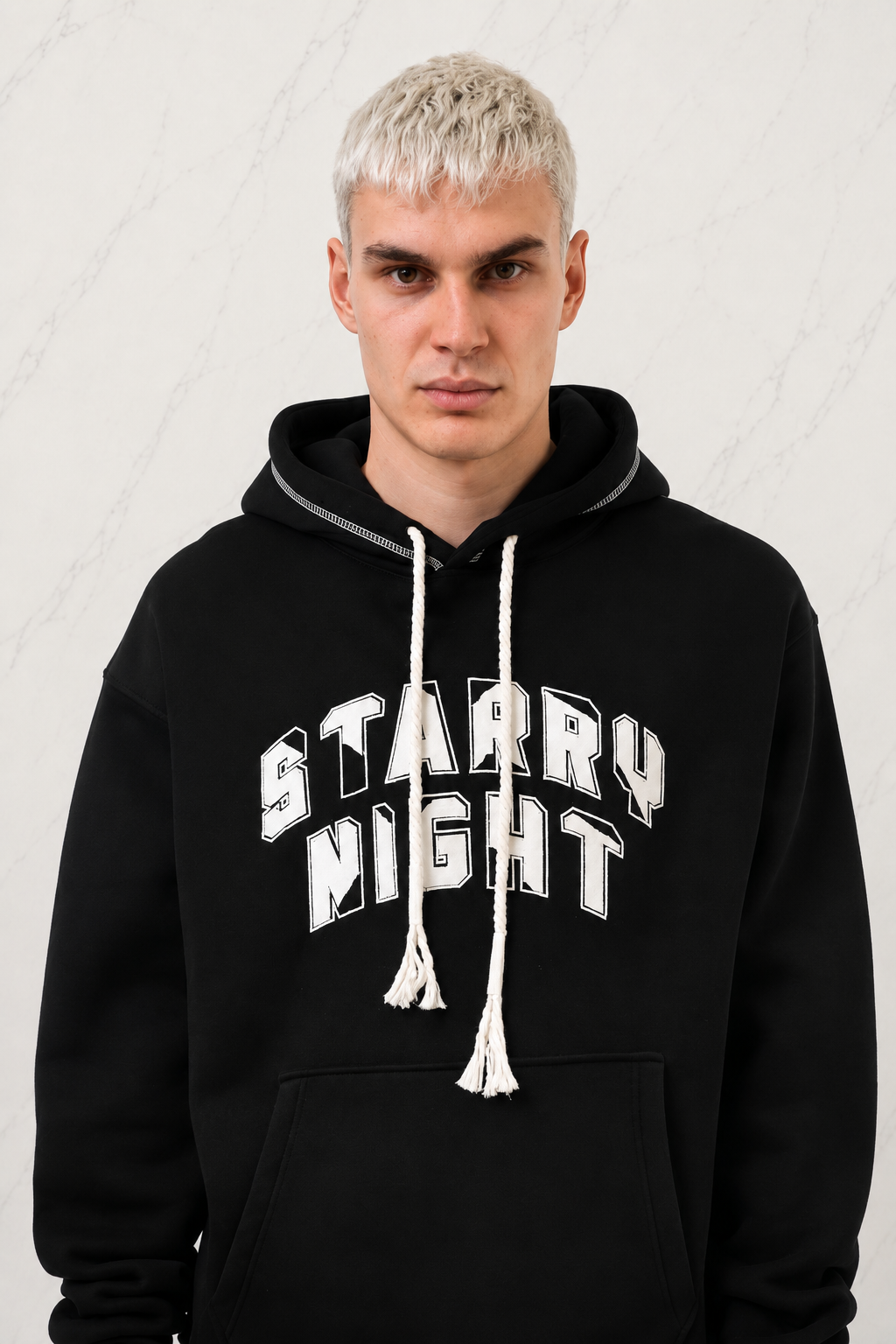 3 İplik Şardonlu Star Nıght Siyah Nakışlı Oversize Kapüşonlu Sweatshirt
