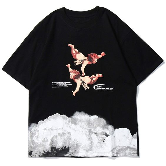 Angel Cloudy Oversize Unisex Siyah T-shirt