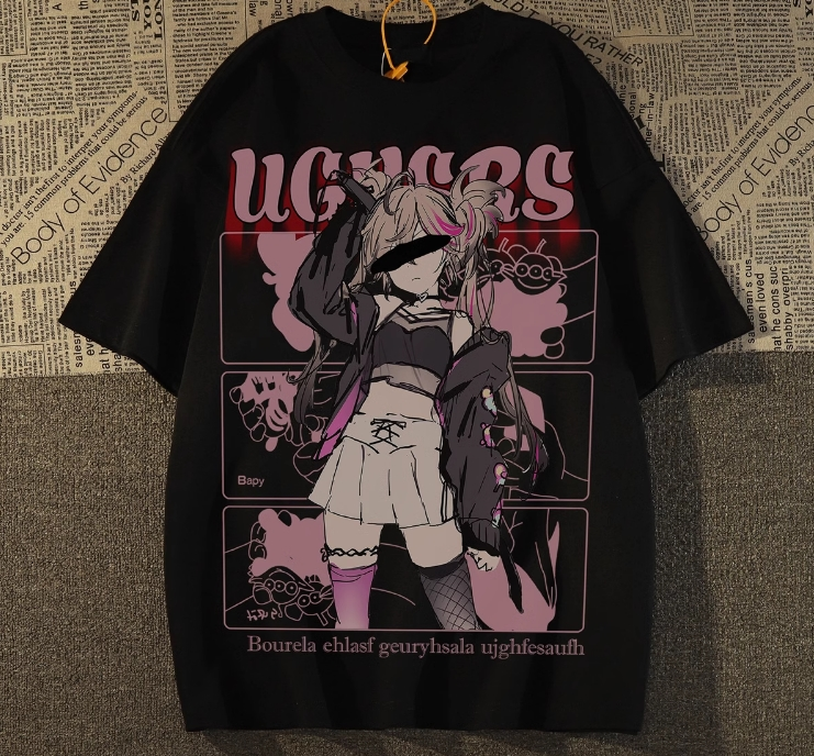 Anime Girl Detaylı Oversize Unisex Siyah T-shirt