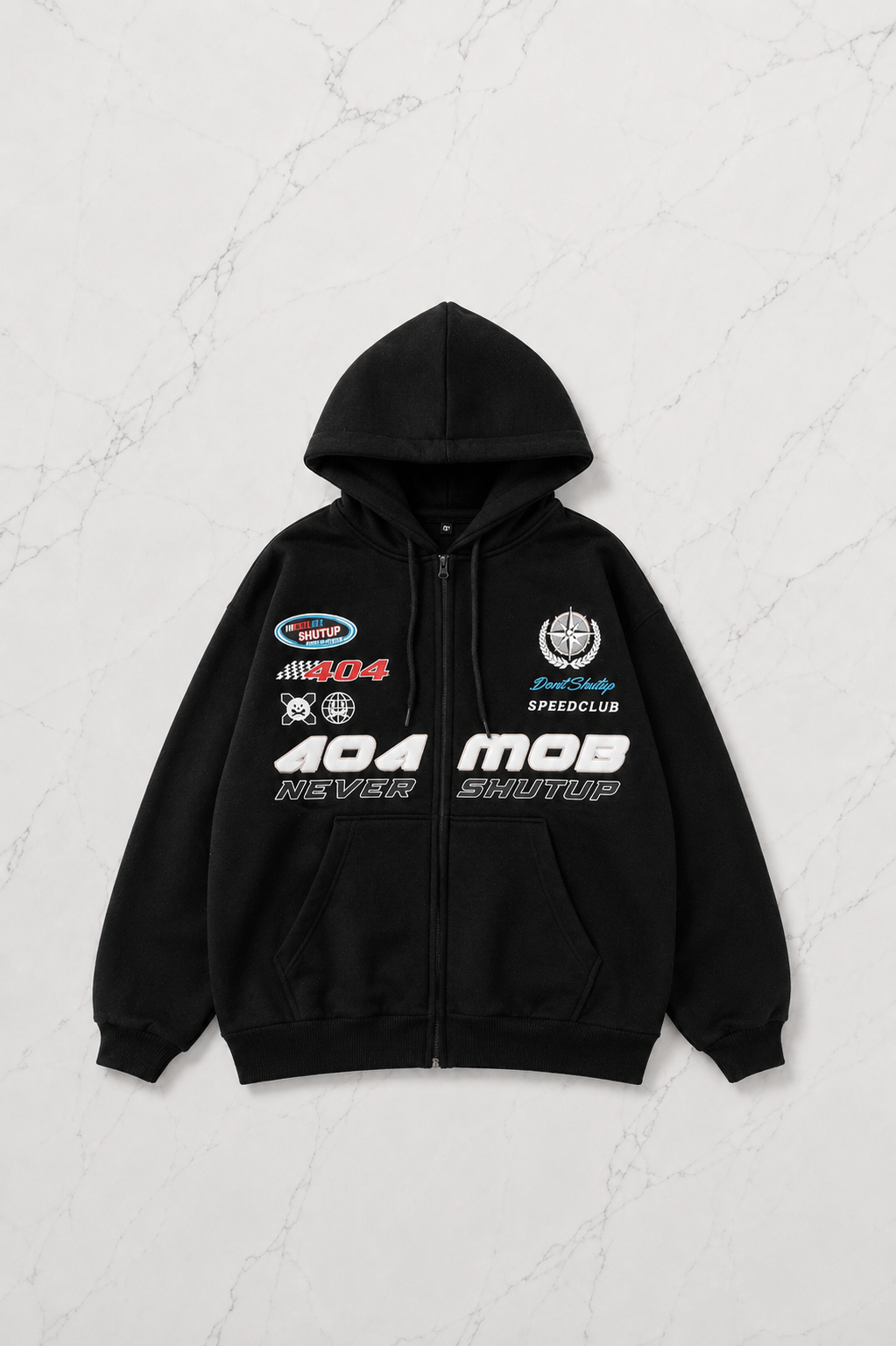 AOAMOB Logo Baskılı Oversize Unisex Fermuarlı Siyah Hoodie