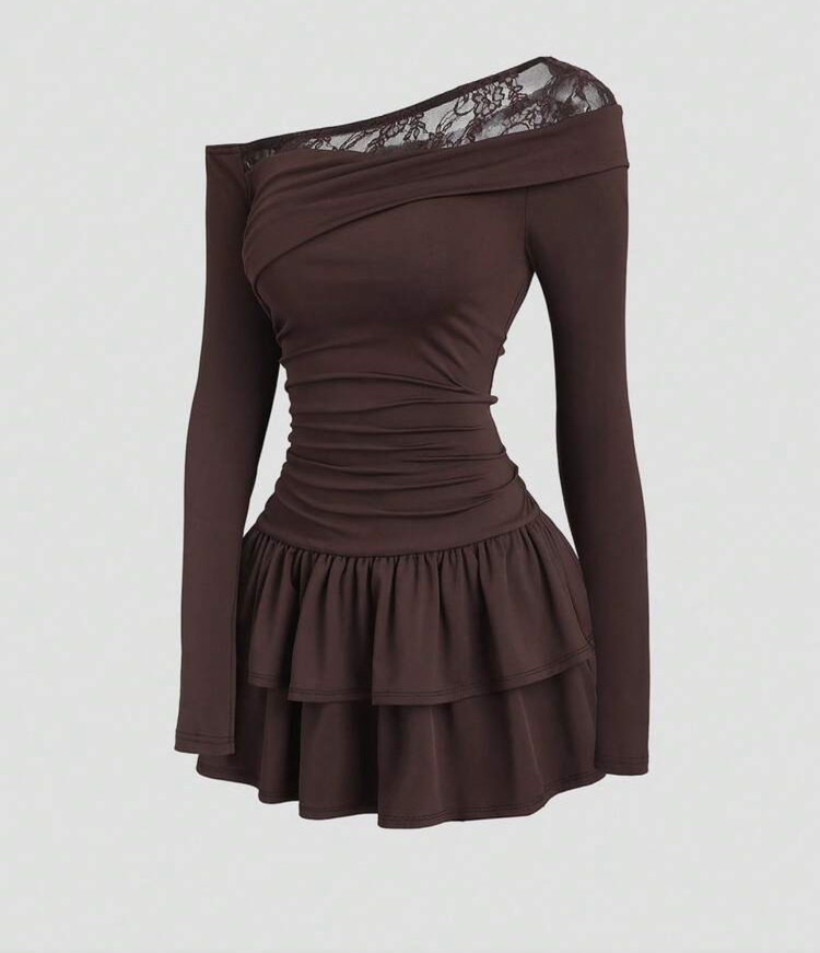 Asimetrik Lace Fırfırlı Lolita Elbise - Kahverengi