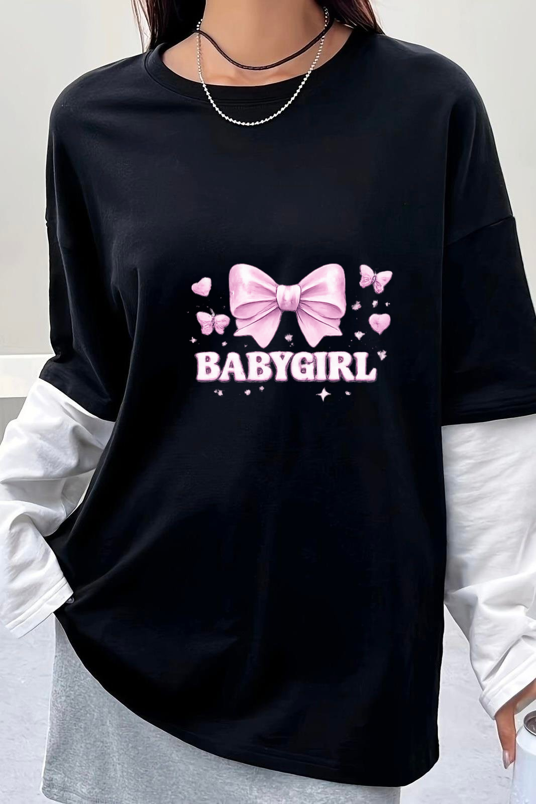 Baby Girl Baskılı Siyah Reglan Kol Uzun T-shirt