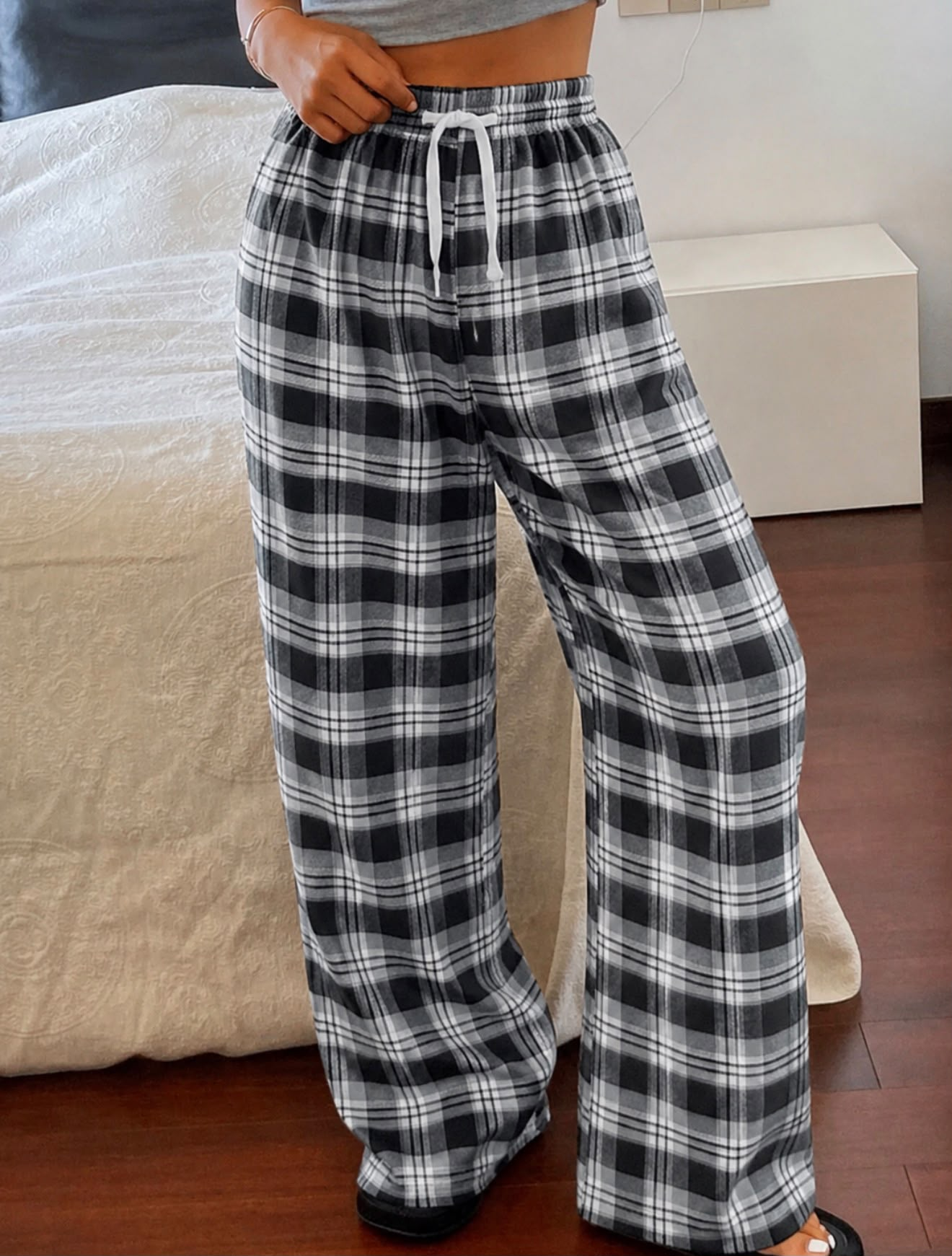 Baggy Unisex Ekose Eşofman Altı - Gri Siyah