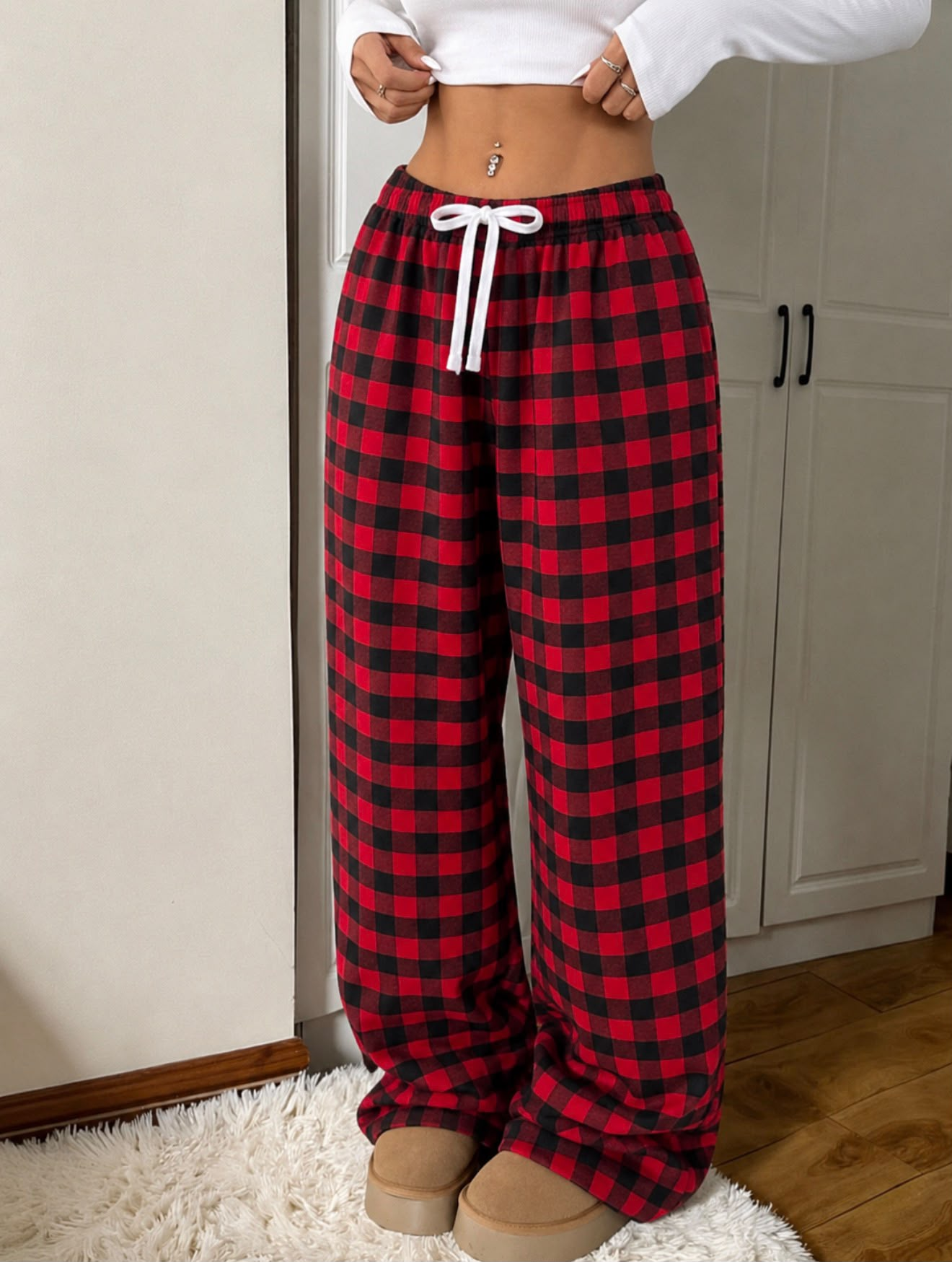 Baggy Unisex Ekose Eşofman Altı - Kırmızı Siyah