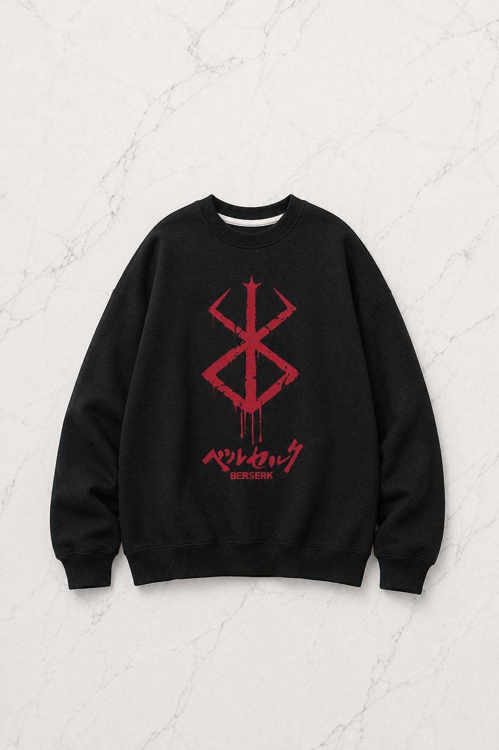Berserk Logo Baskılı Siyah Unisex Oversize Bisiklet Yaka Sweatshirt