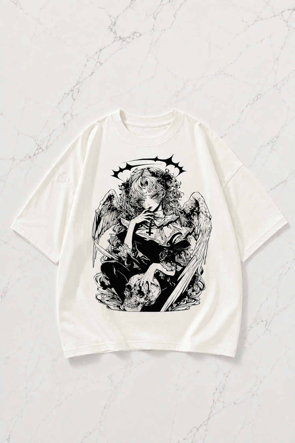 Beyaz Anime Winged Gothic Kısa Kol Oversize T-Shirt