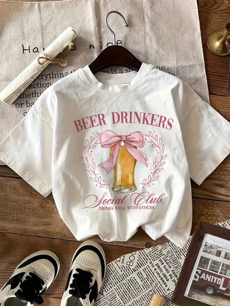 Beyaz Beer Drınkers Baskılı Kısa Kol Oversize T-Shirt
