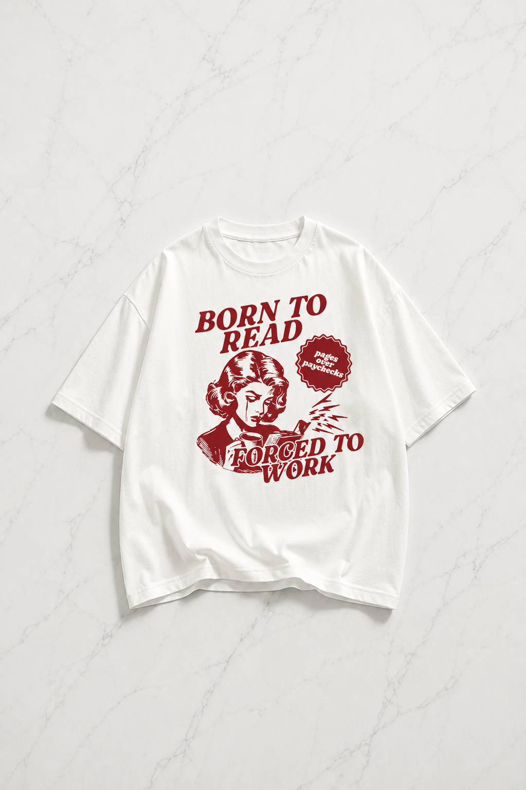 Beyaz Born To Read Baskılı Kısa Kol Oversize T-Shirt