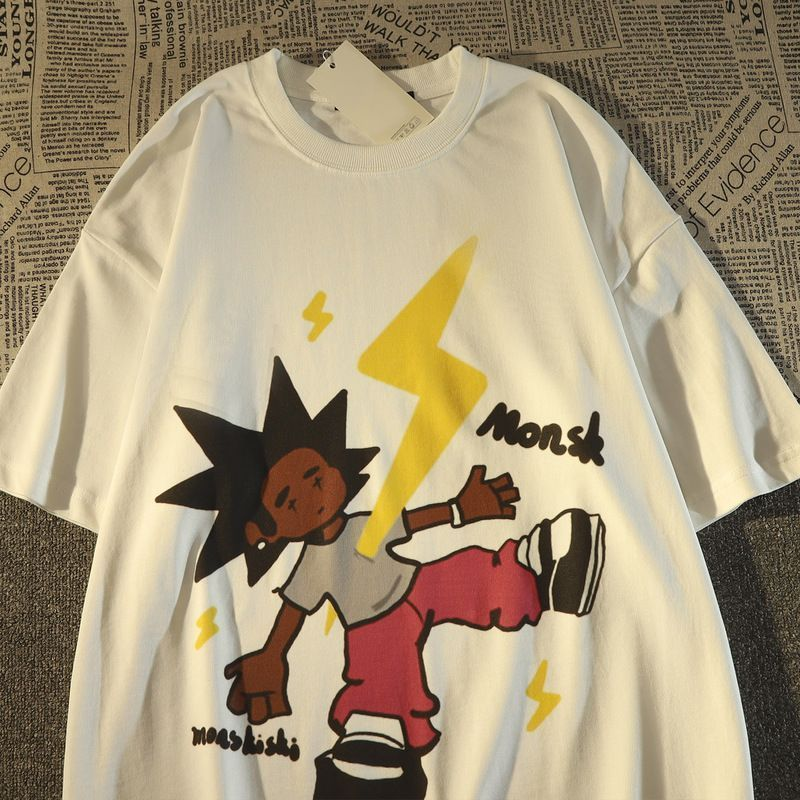 Beyaz Cartoon American Baskılı Kısa Kol Oversize T-Shirt