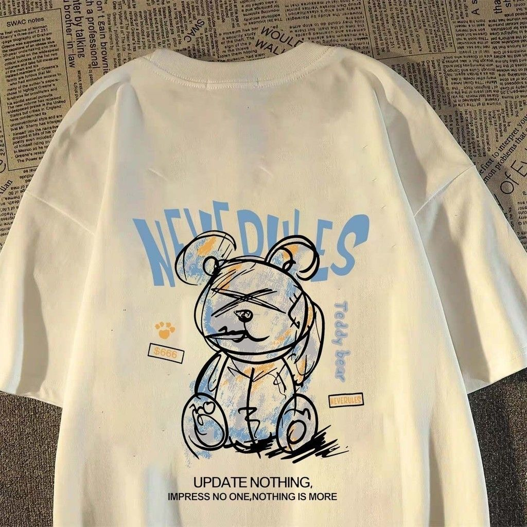 Beyaz Cartoon Bear Baskılı Kısa Kol Oversize T-Shirt