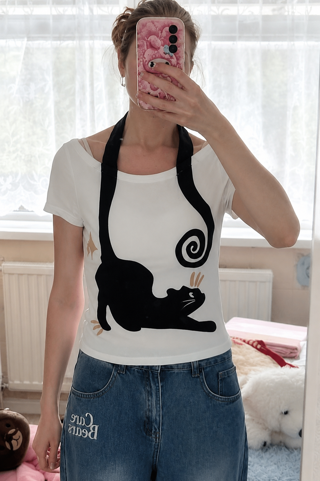 Beyaz Cat Kuyruk Yakalı Y2K Kısa Kollu Crop