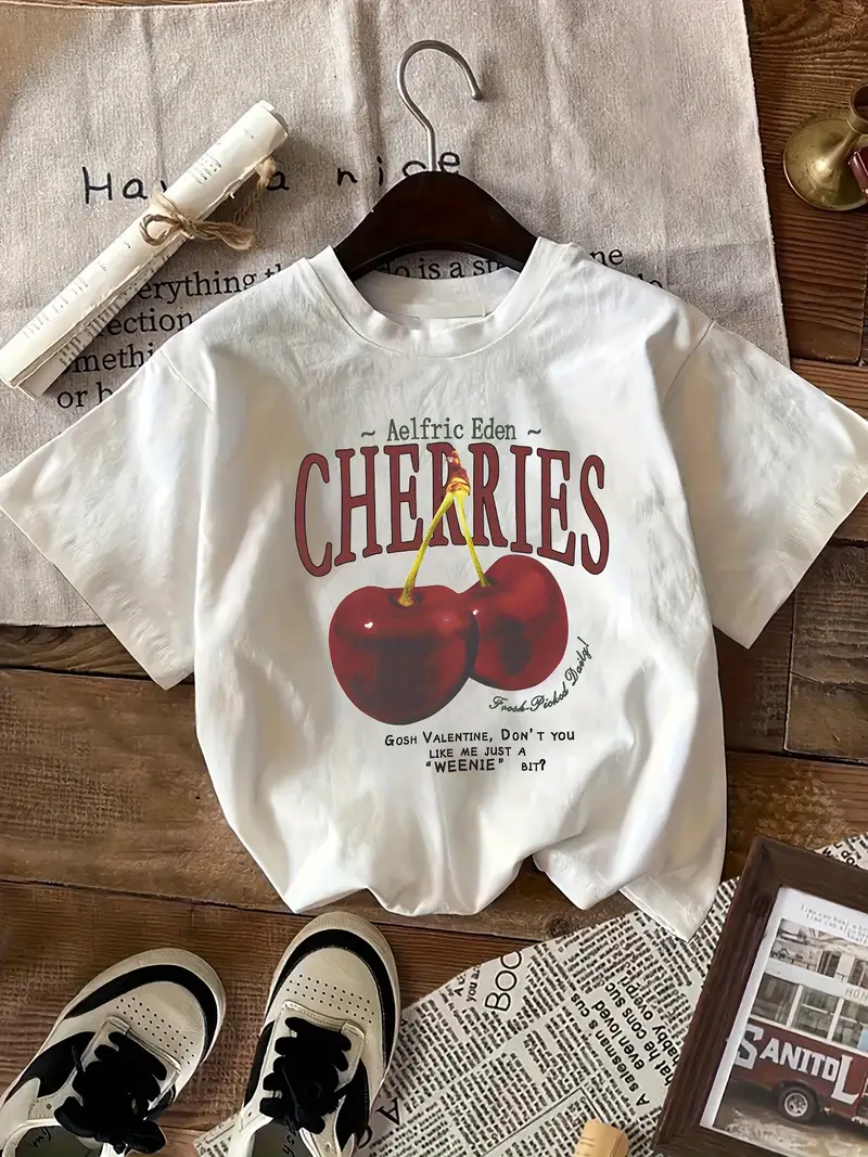 Beyaz Cherrıes Baskılı Kısa Kol Oversize T-Shirt