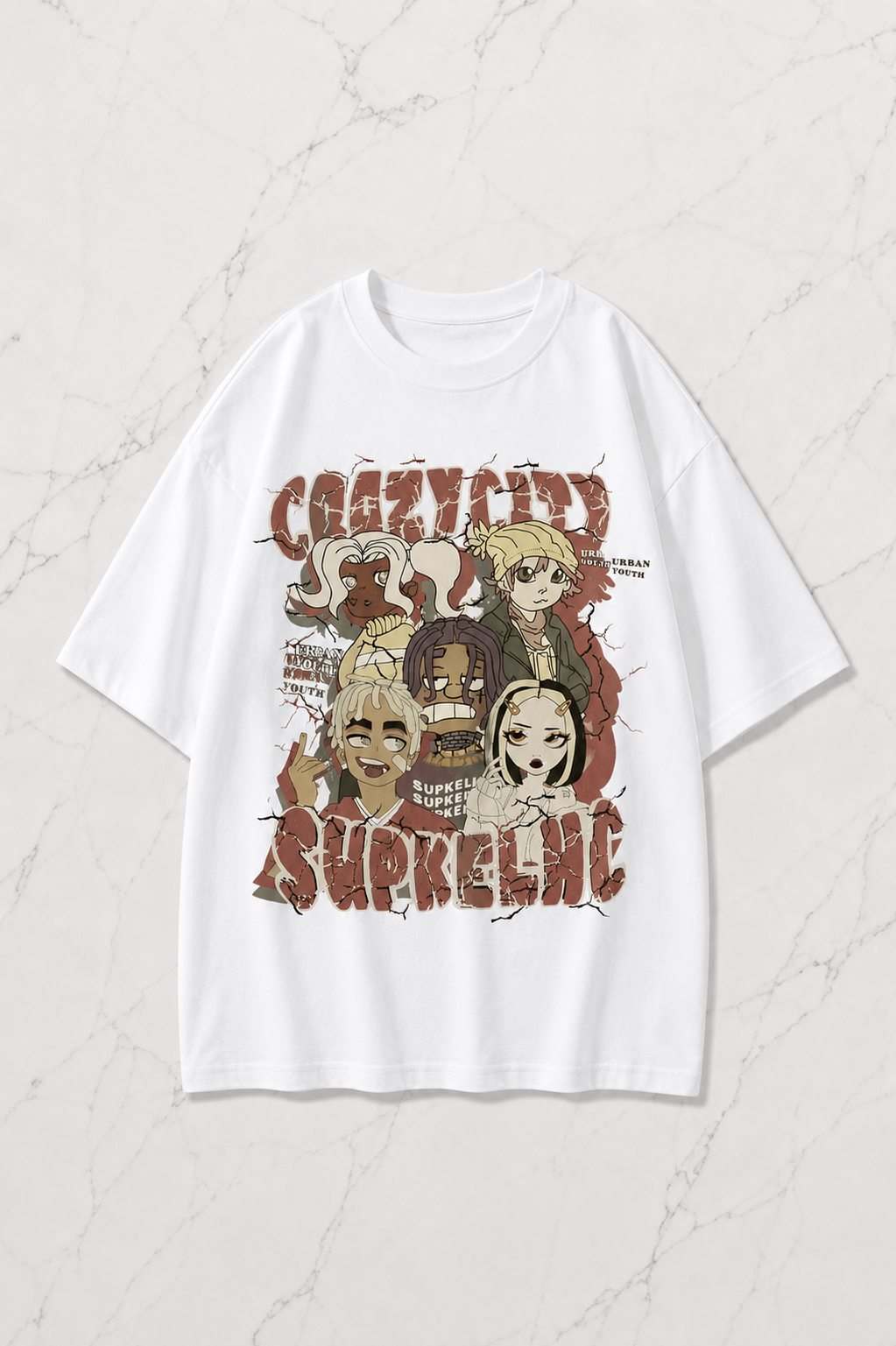 Beyaz Crazycıty Baskılı Kısa Kol Oversize T-Shirt