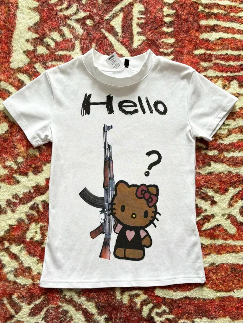 Beyaz Hello Kitty Gun Baskılı Crop