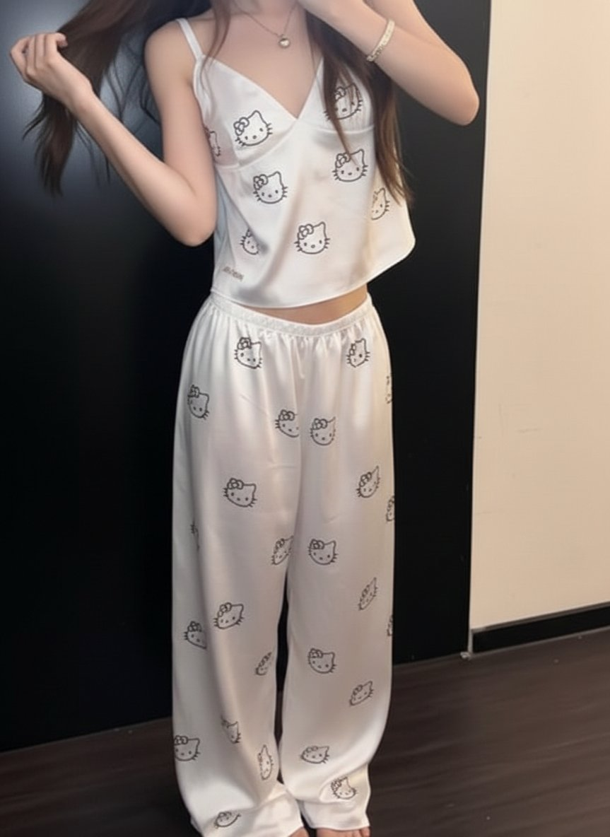 Beyaz Hello Kitty Taş Detaylı Saten Homewear Pijama Takımı