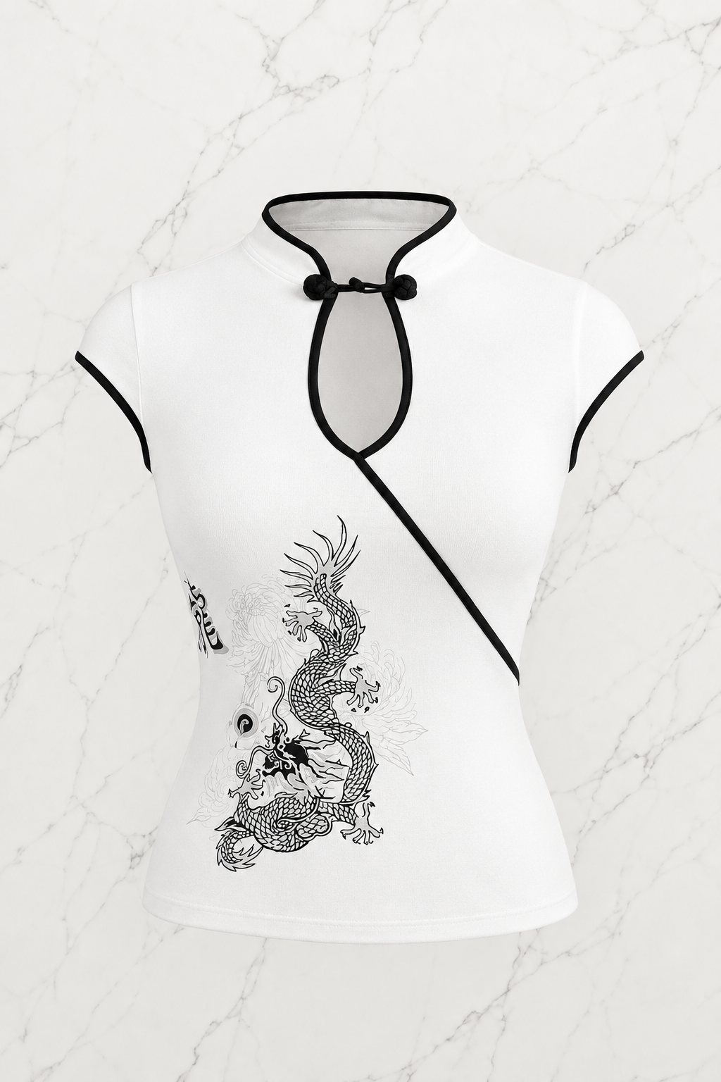 Beyaz Japones Style Mandarin Yaka Ejderha Desenli Bluz Crop