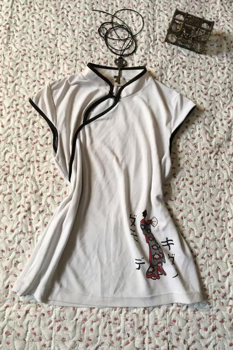 Beyaz Mandarin Yaka Vintage Geisha Baskılı Y2K Kısa Kollu Crop