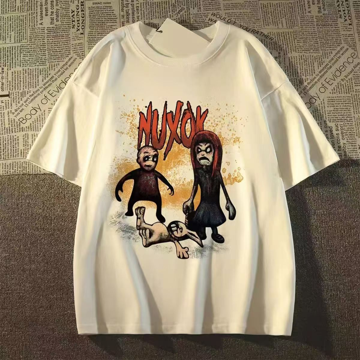Beyaz Nuxok Baskılı Kısa Kol Oversize T-Shirt