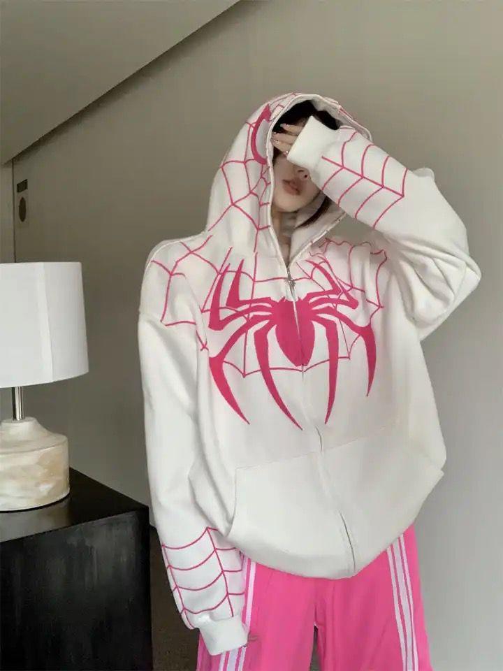 Beyaz Pink Spider Web Detail Oversize Sweatshirt Hırka - Gofeel