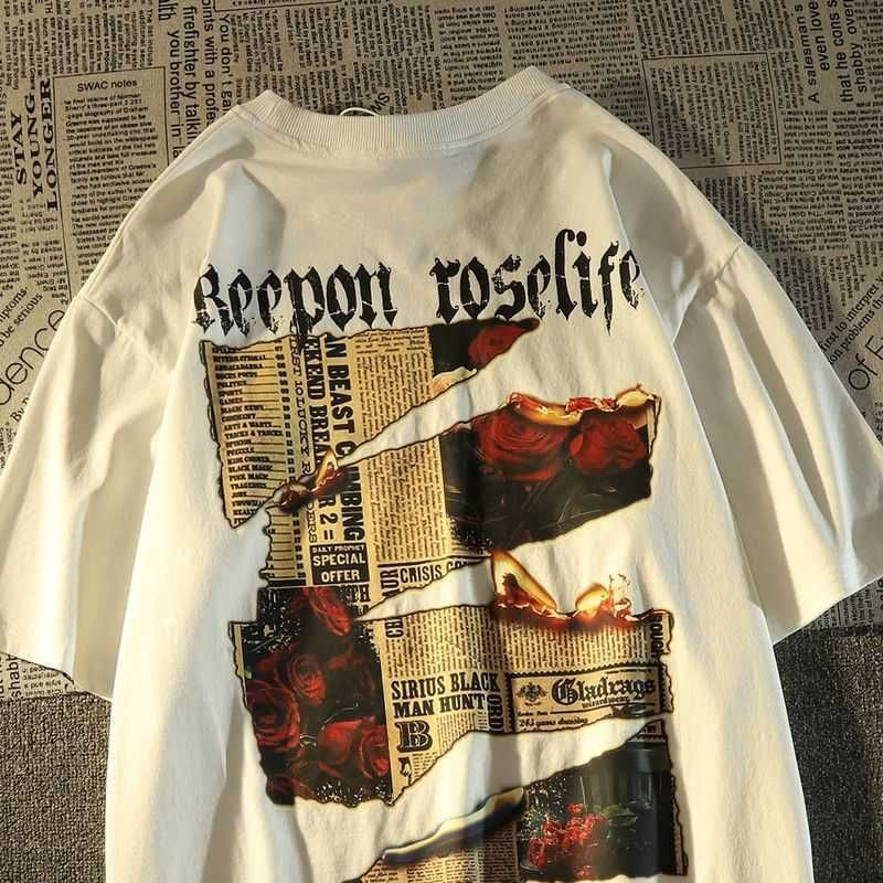 Beyaz RoseLife Baskılı Kısa Kol Oversize T-Shirt