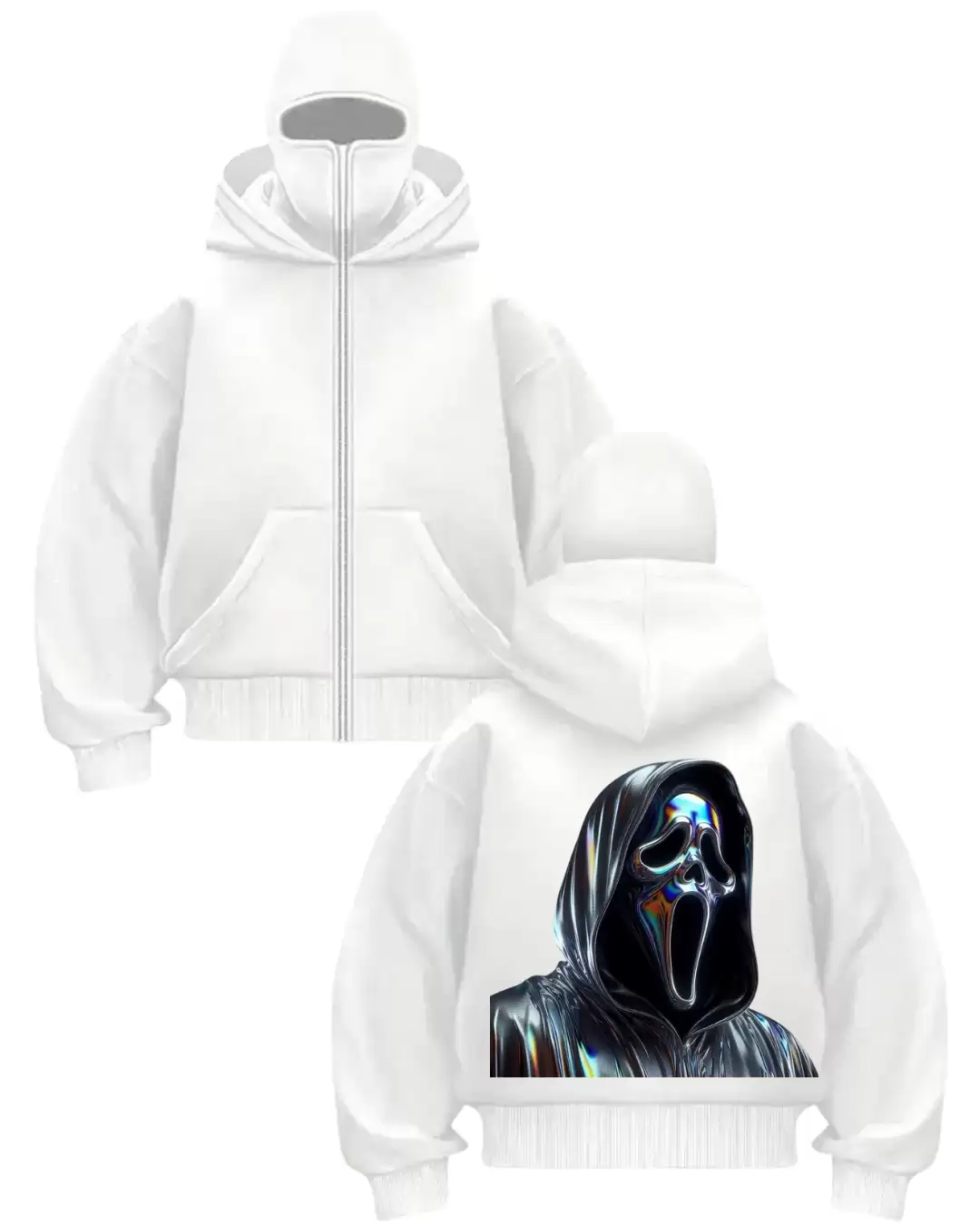 Beyaz Scream Holo Baskılı Kar Maskeli Unisex Sweatshirt Hırka